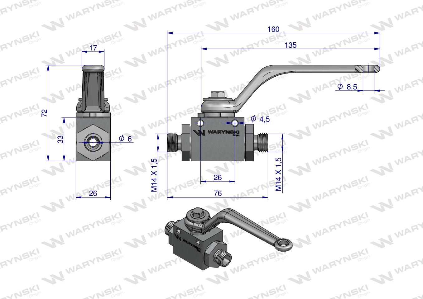 Zawór kulowy hydrauliczny 2-drogowy 2/2 M14x1.5 08L z otworami mocującymi 500 bar Waryński