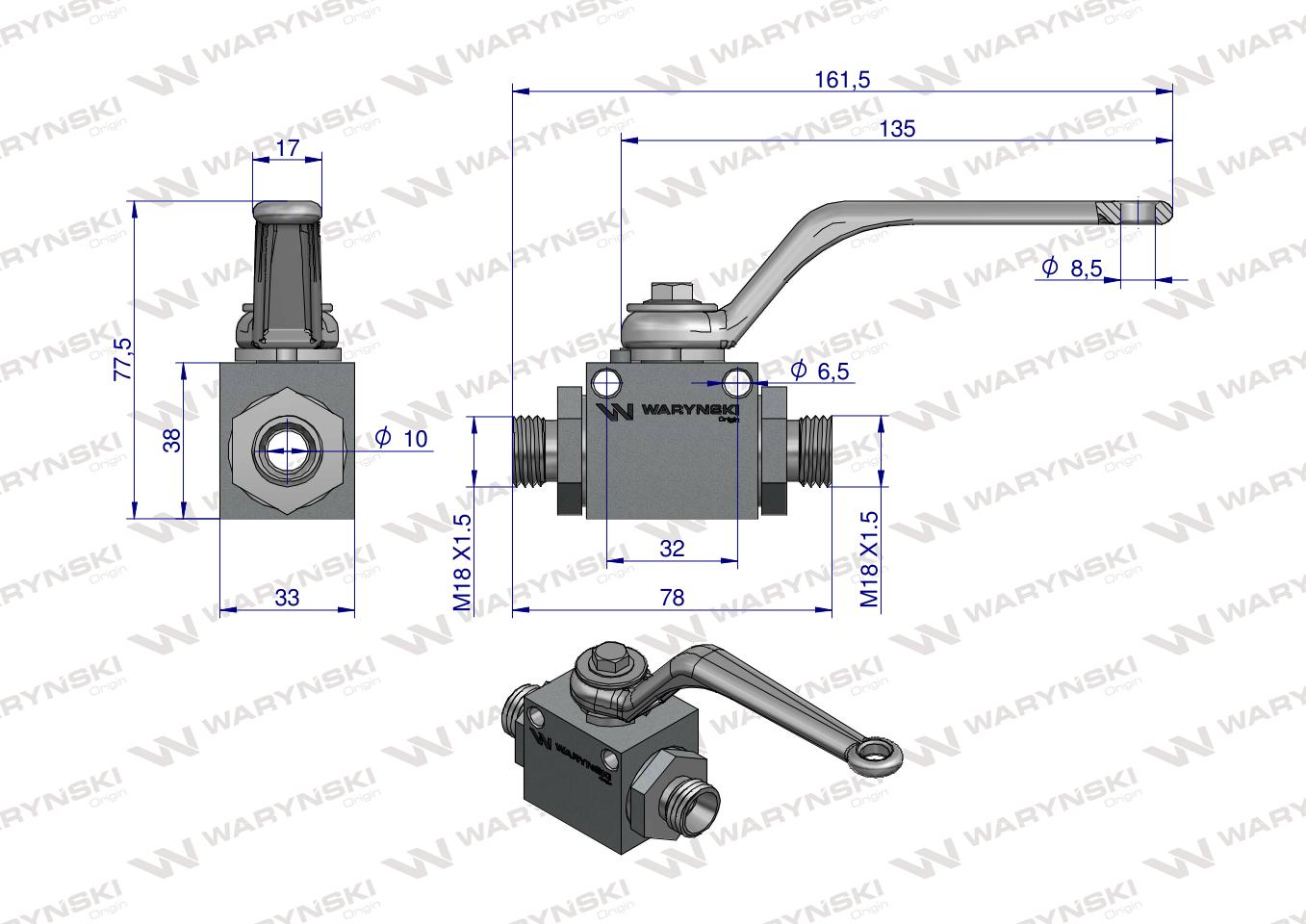 Zawór kulowy hydrauliczny 2-drogowy 2/2 M18x1.5 12L z otworami mocującymi 500 bar Waryński