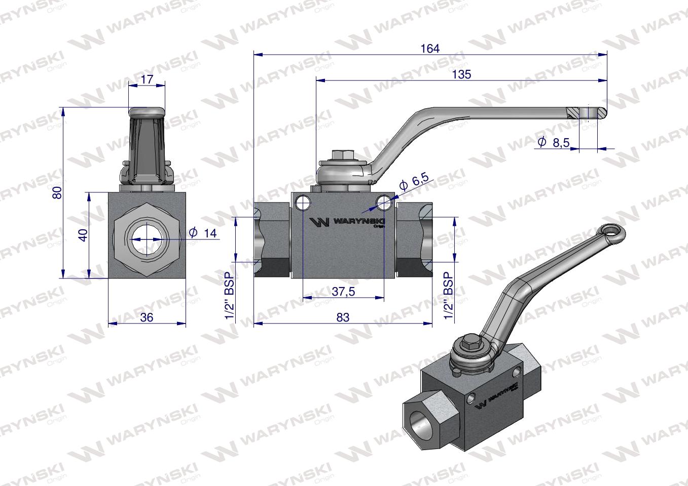 Zawór kulowy hydrauliczny 2-drogowy 2/2 - 1/2"BSP z otworami mocującymi 500 bar Waryński