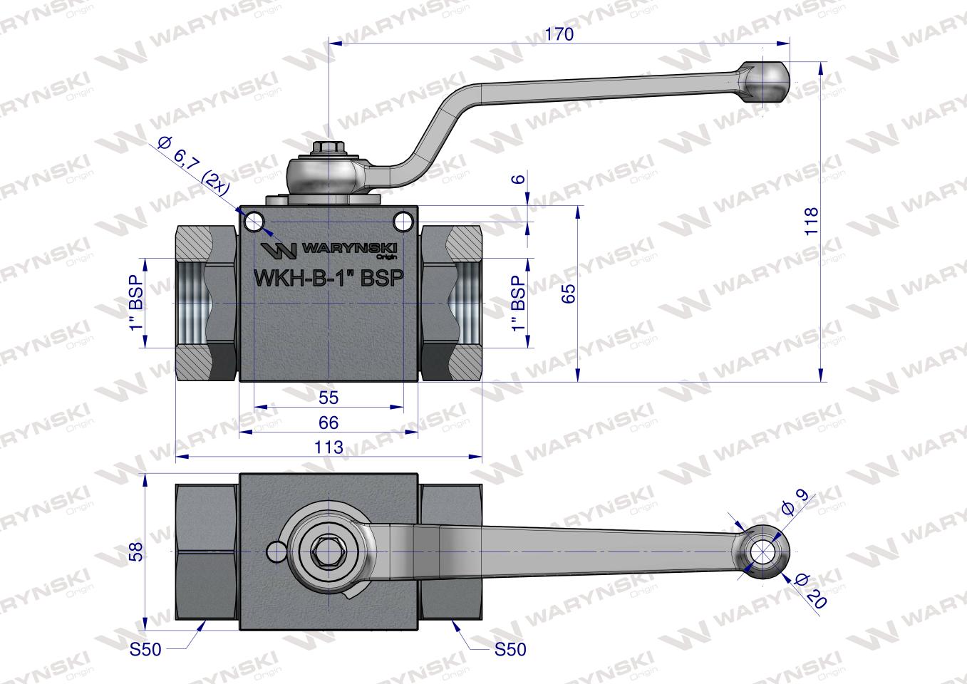 Zawór kulowy hydrauliczny 2-drogowy 2/2 - 1"BSP z otworami mocującymi 315 bar Waryński