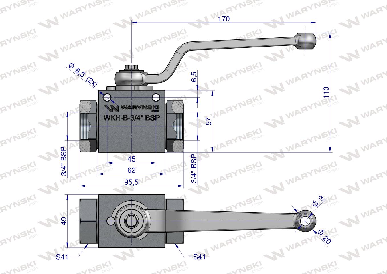 Zawór kulowy hydrauliczny 2-drogowy 2/2 - 3/4"BSP z otworami mocującymi 315 bar Waryński