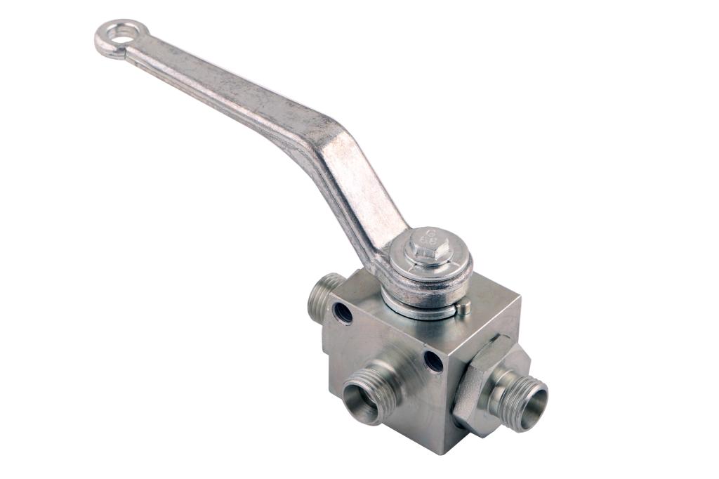 Zawór kulowy hydrauliczny 3-drogowy 3/2 M16x1.5 10L z otworami mocującymi 500 bar Waryński