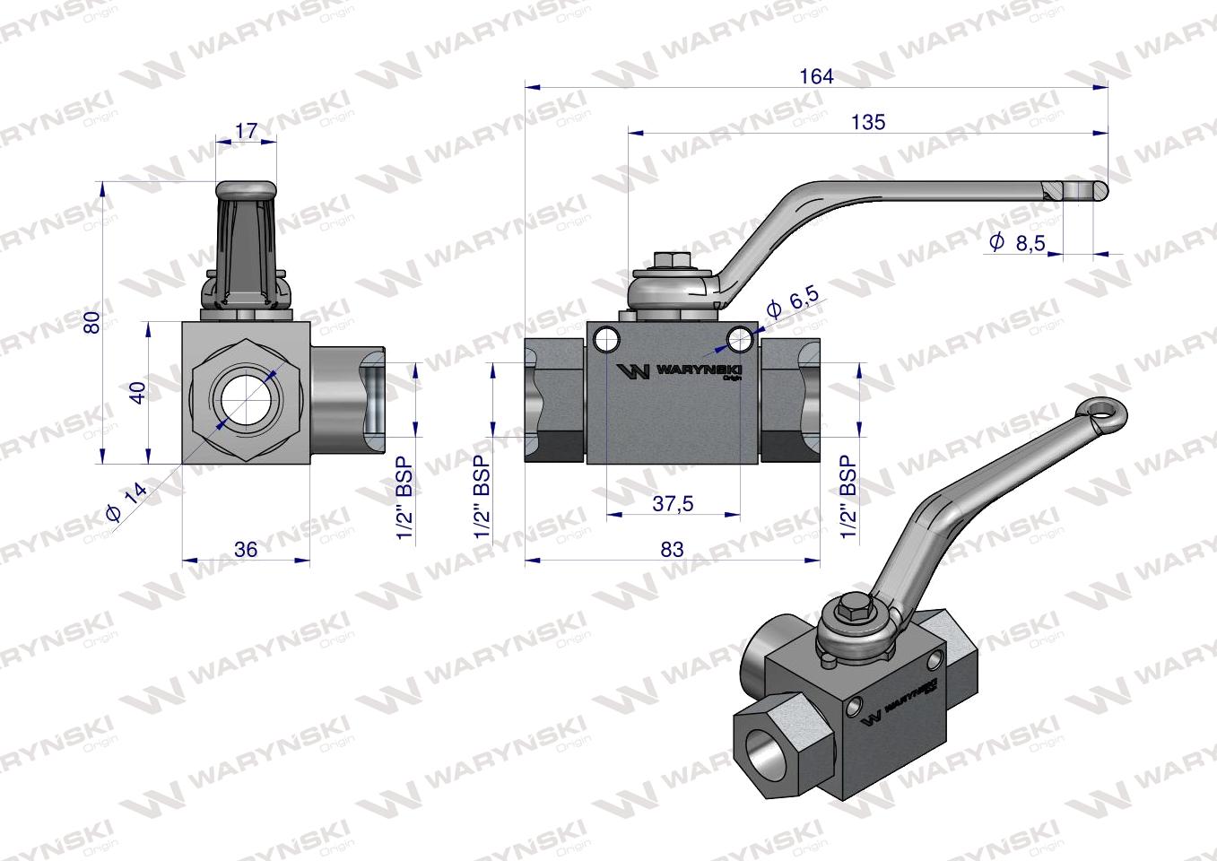 Zawór kulowy hydrauliczny 3-drogowy 3/2 - 1/2"BSP z otworami mocującymi 500 bar Waryński