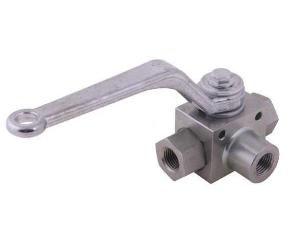 Zawór kulowy hydrauliczny 3-drogowy 3/2 - 1/4"BSP z otworami mocującymi 500 bar Waryński