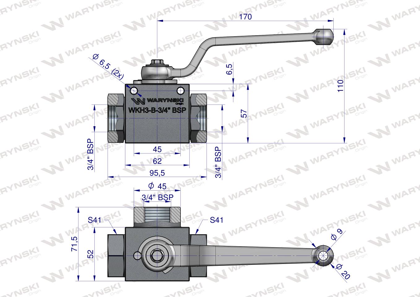 Zawór kulowy hydrauliczny 3-drogowy 3/2 - 3/4"BSP z otworami mocującymi 315 bar Waryński