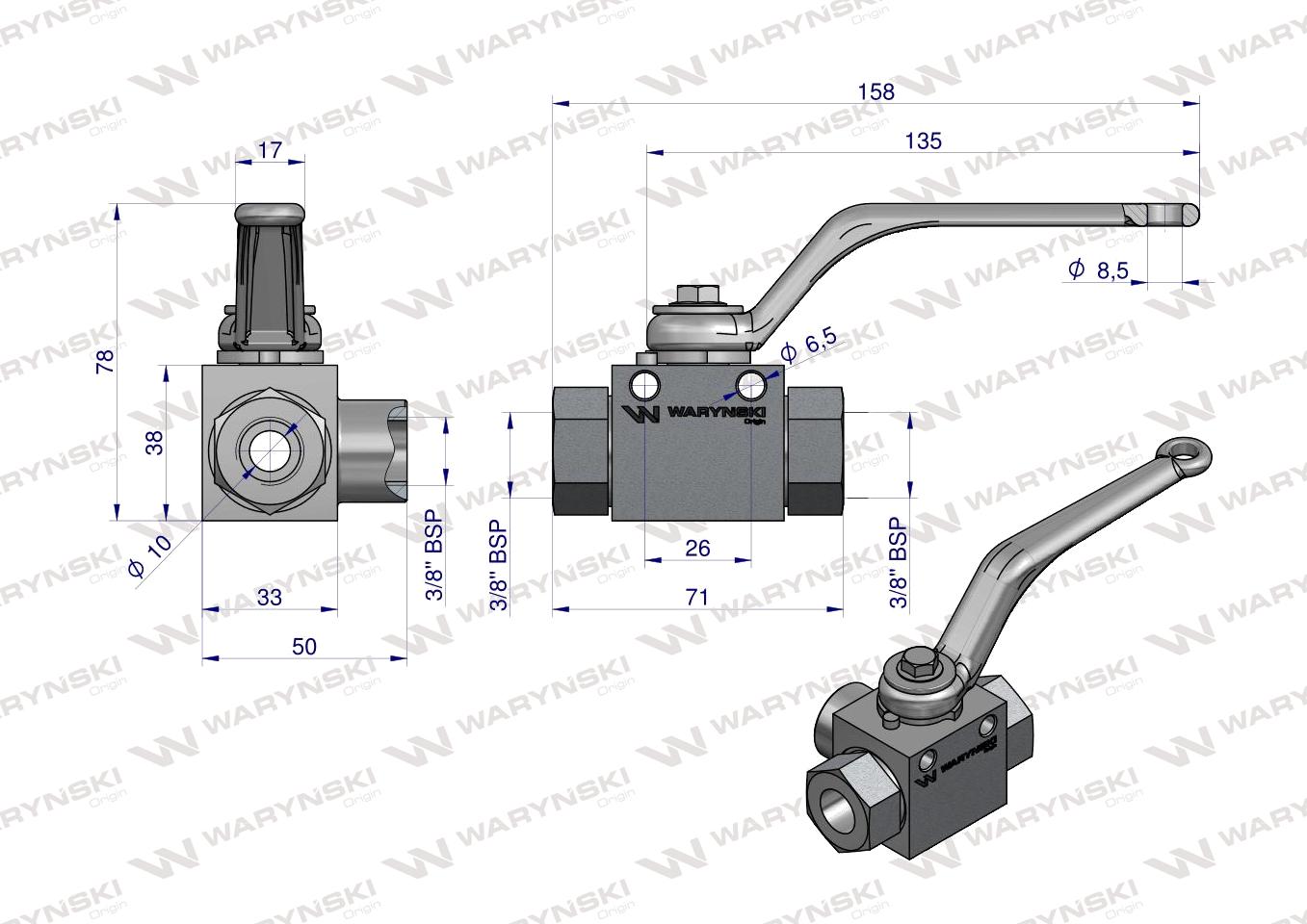 Zawór kulowy hydrauliczny 3-drogowy 3/2 - 3/8"BSP z otworami mocującymi 500 bar Waryński