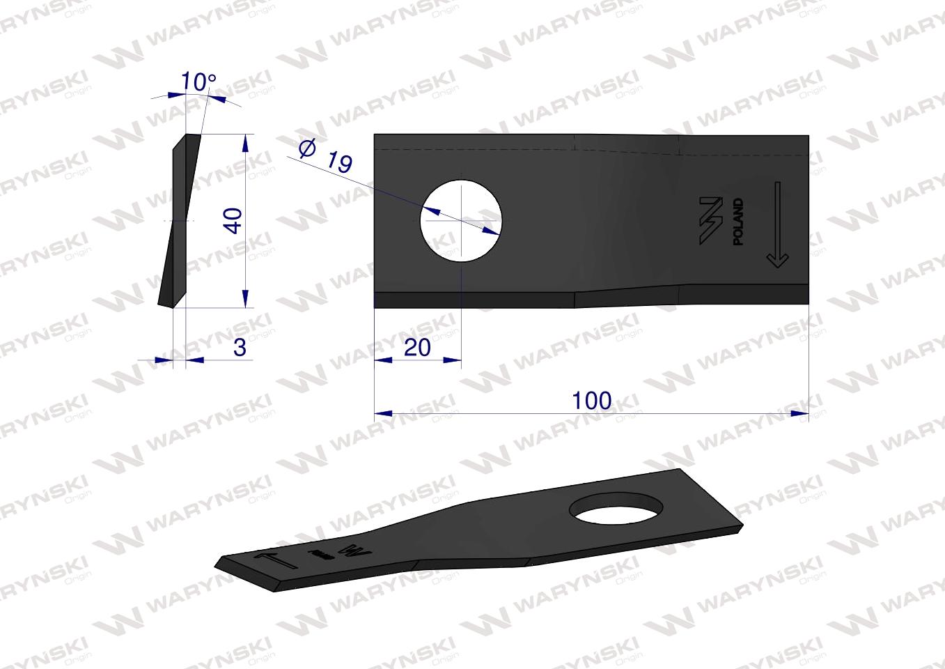 Nóż. nożyk kosiarka prawy 100x40x3mm otwór 19 zastosowanie 580290955 BCS Sipma WARYŃSKI ( sprzedawane po 25 )