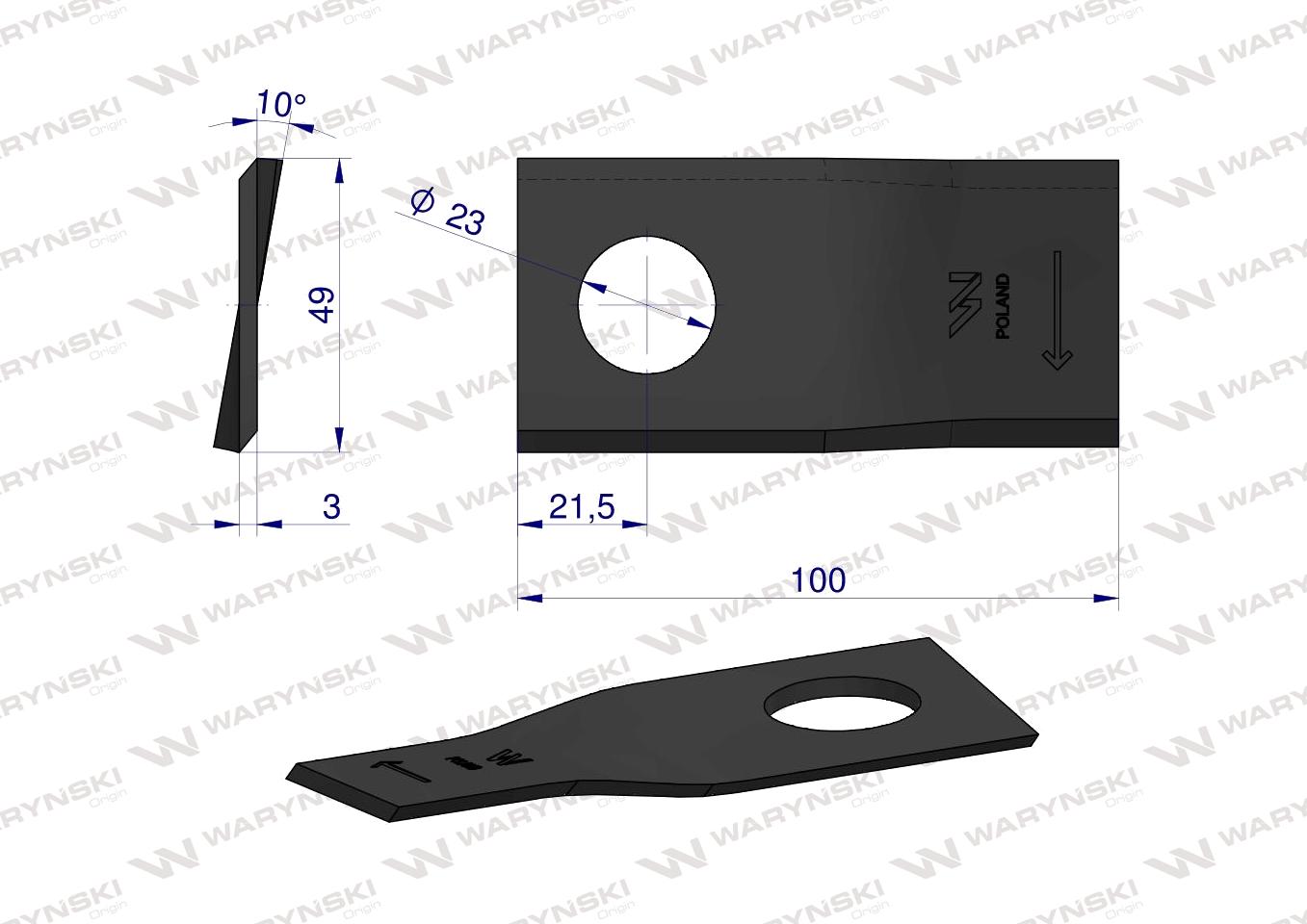 Nóż. nożyk kosiarka prawy 100x48x3mm otwór 23 zastosowanie T683R Mortl WARYŃSKI ( sprzedawane po 25 )