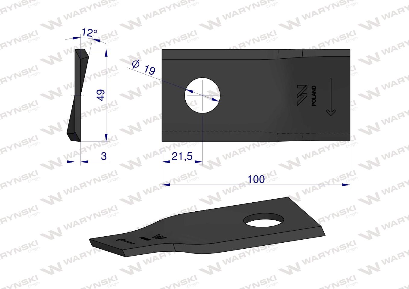 Nóż. nożyk kosiarka prawy 100x48x3mm otwór 19 zastosowanie 9041777 9527280 Claas WARYŃSKI ( sprzedawane po 25 )