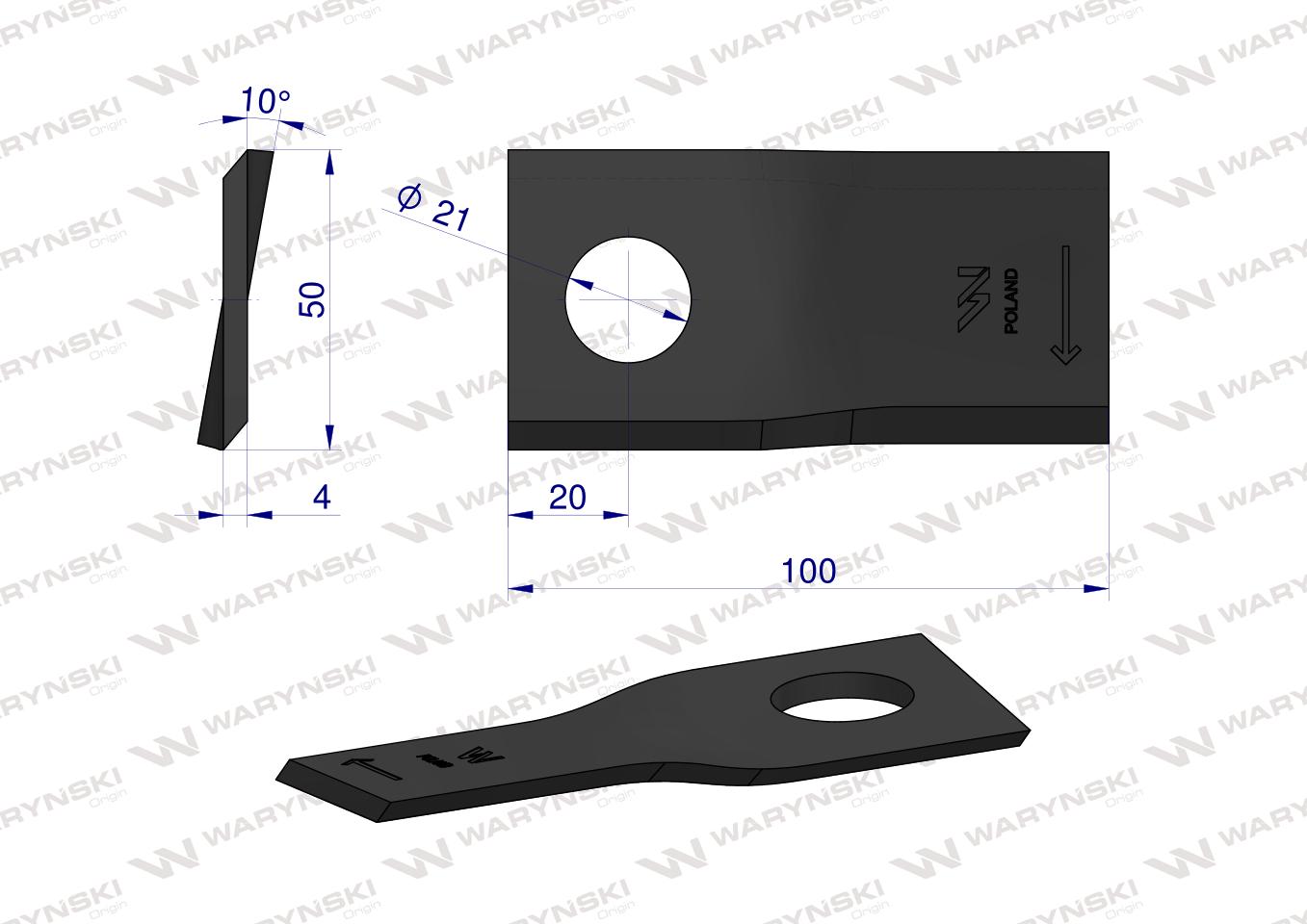 Nóż. nożyk kosiarka prawy 100X50X4mm otwór 21 zastosowanie RS100 Samasz WARYŃSKI ( sprzedawane po 25 )