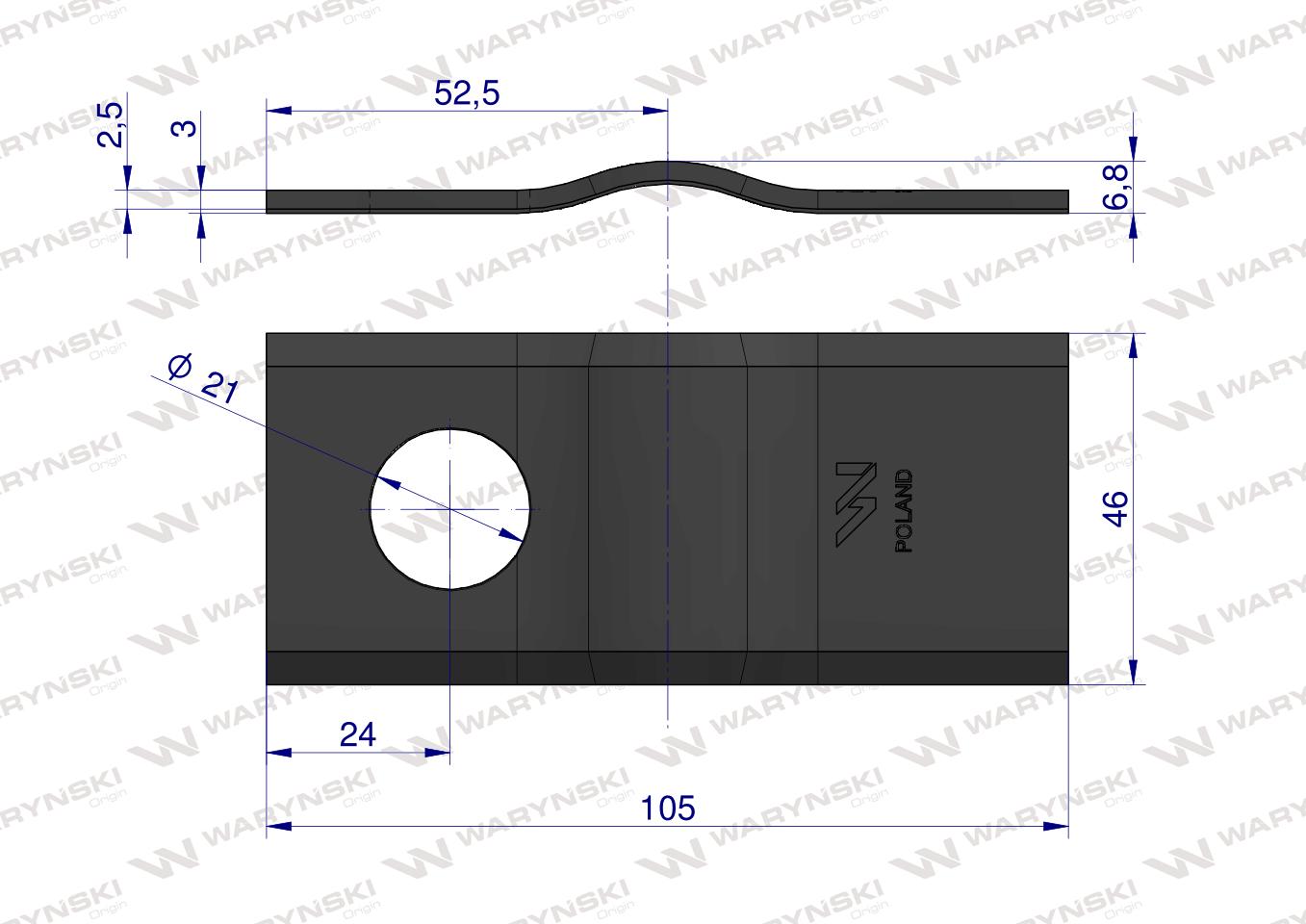 Nóż. nożyk kosiarka gięty 105x46x3mm otwór 21 zastosowanie CM120 Vicon Kverneland WARYŃSKI ( sprzedawane po 25 )