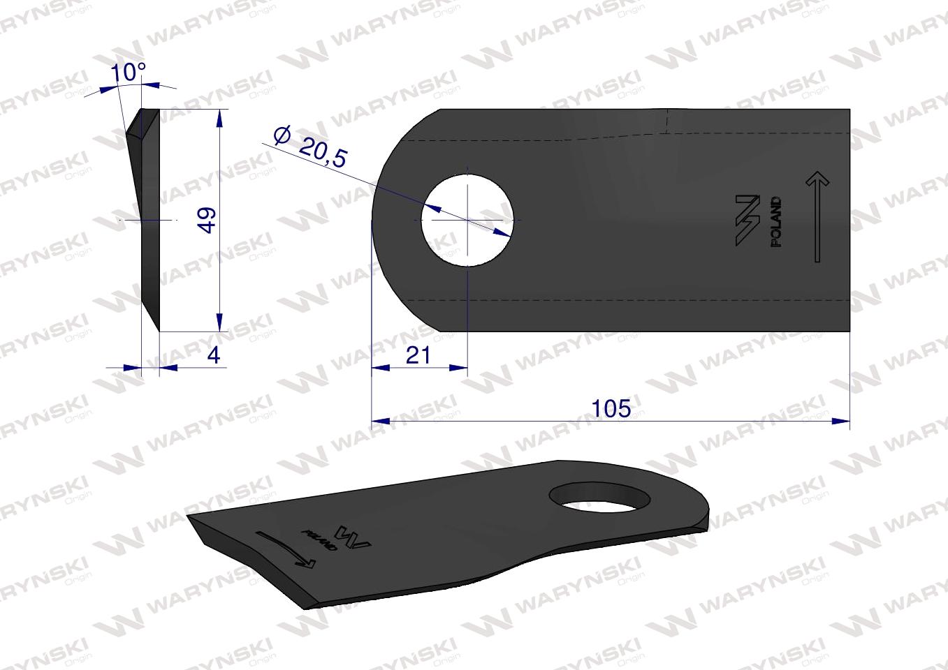 Nóż. nożyk kosiarka lewy 105x47x4mm otwór 20.5 zastosowanie 6802970 Kuhn WARYŃSKI ( sprzedawane po 25 )