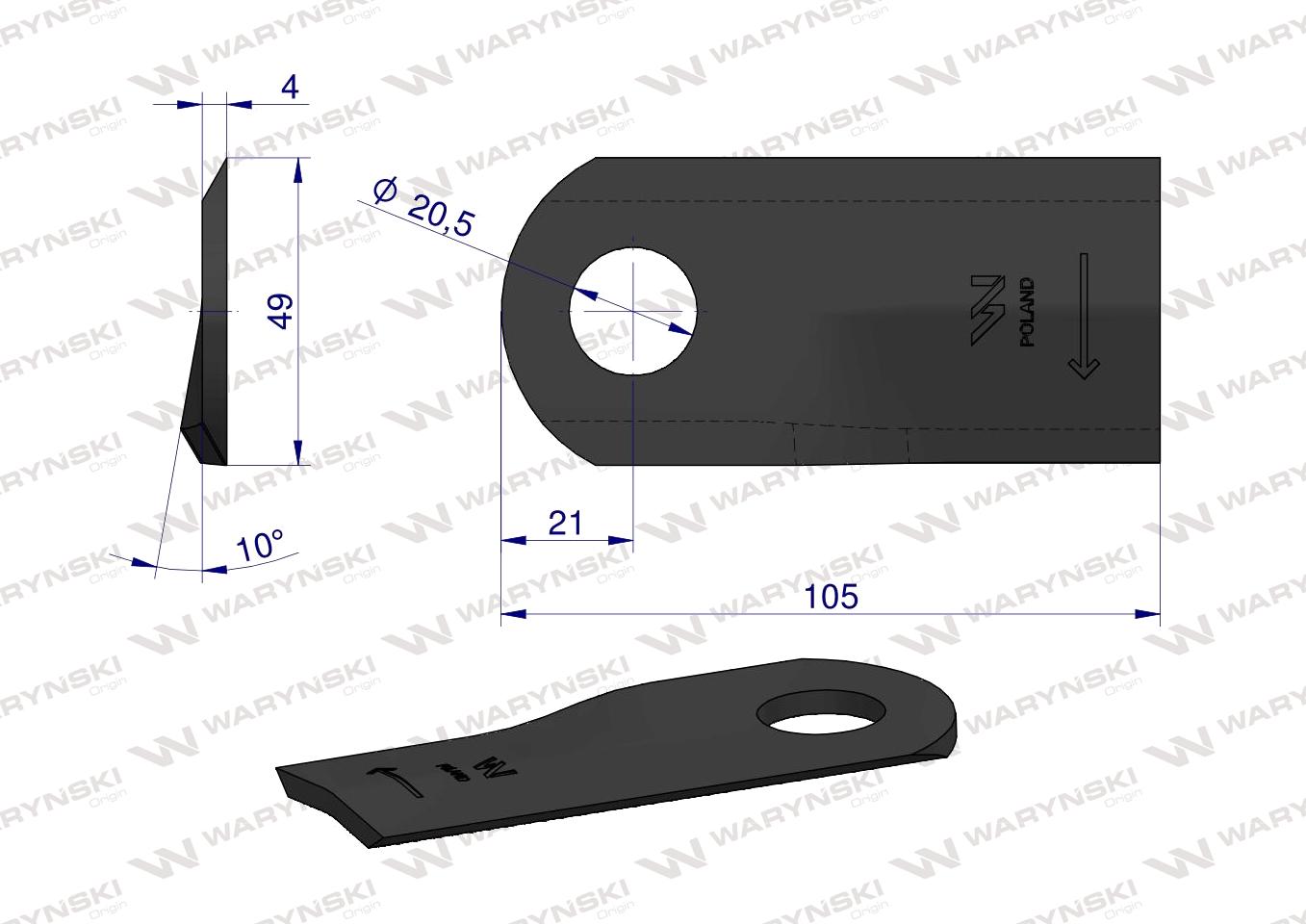 Nóż. nożyk kosiarka prawy 105x47x4mm otwór 20.5 zastosowanie 6802980 Kuhn WARYŃSKI ( sprzedawane po 25 )