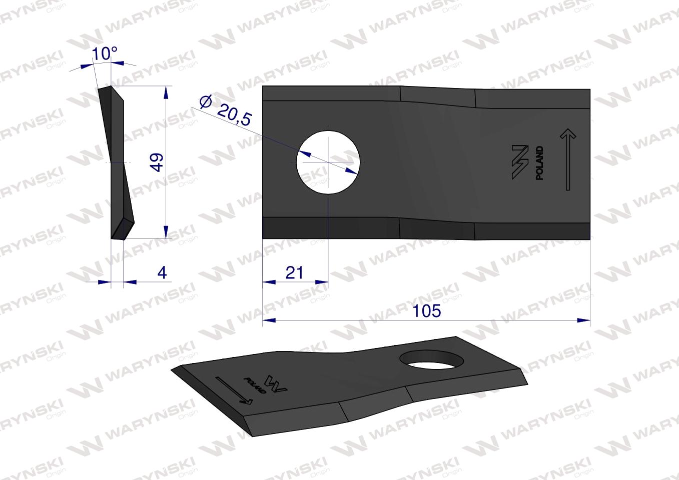 Nóż. nożyk kosiarka lewy 105x48x4mm otwór 20 zastosowanie 6801410 Kuhn WARYŃSKI ( sprzedawane po 25 )