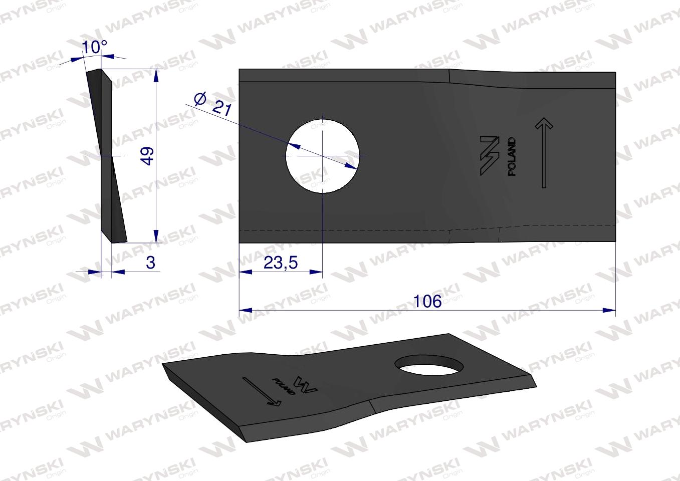 Nóż. nożyk kosiarka lewy 106x48x3mm otwór 21 zastosowanie 1042660 Claas WARYŃSKI ( sprzedawane po 25 )