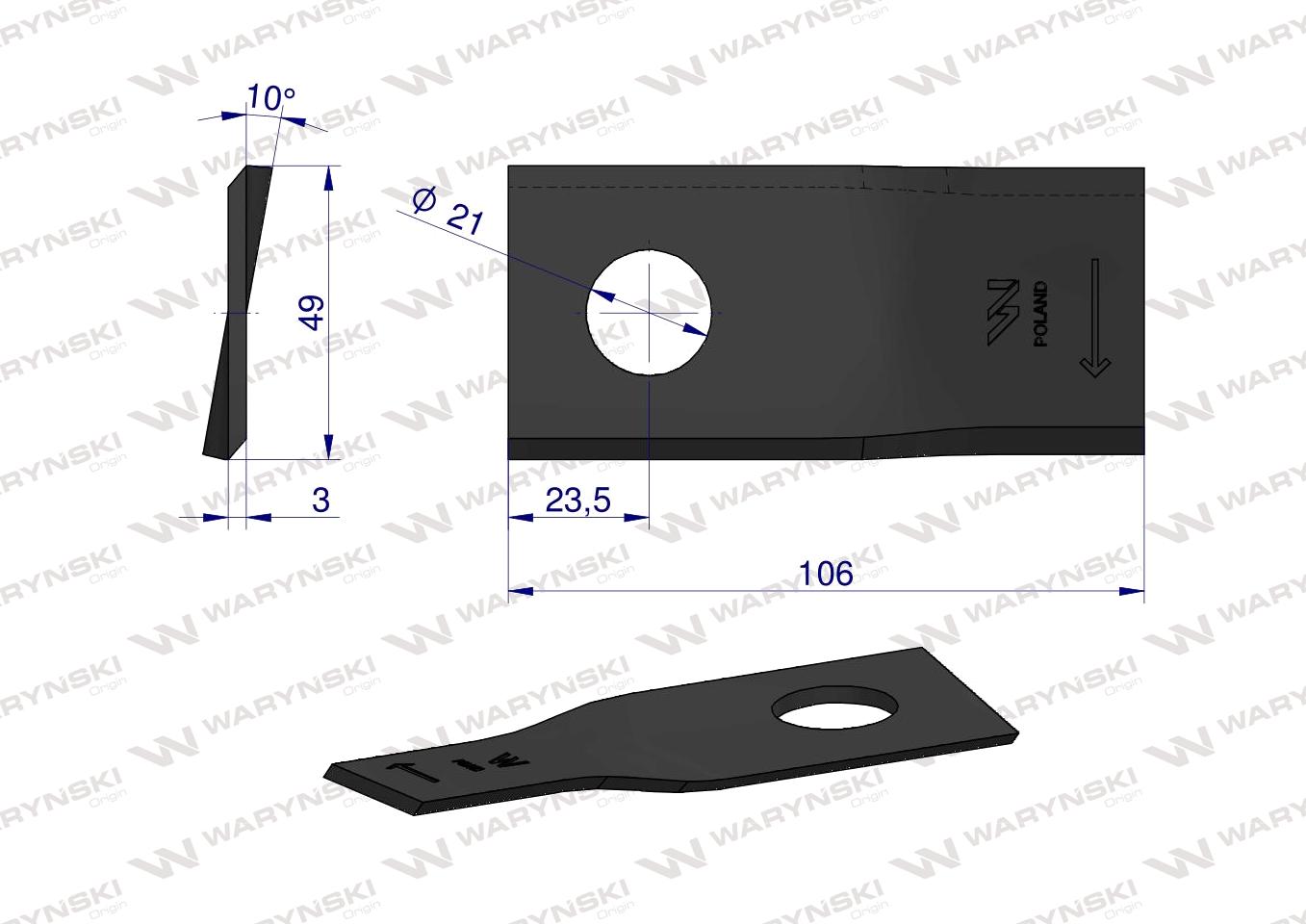 Nóż. nożyk kosiarka prawy 106x48x3mm otwór 21 zastosowanie 1042670 Claas WARYŃSKI ( sprzedawane po 25 )