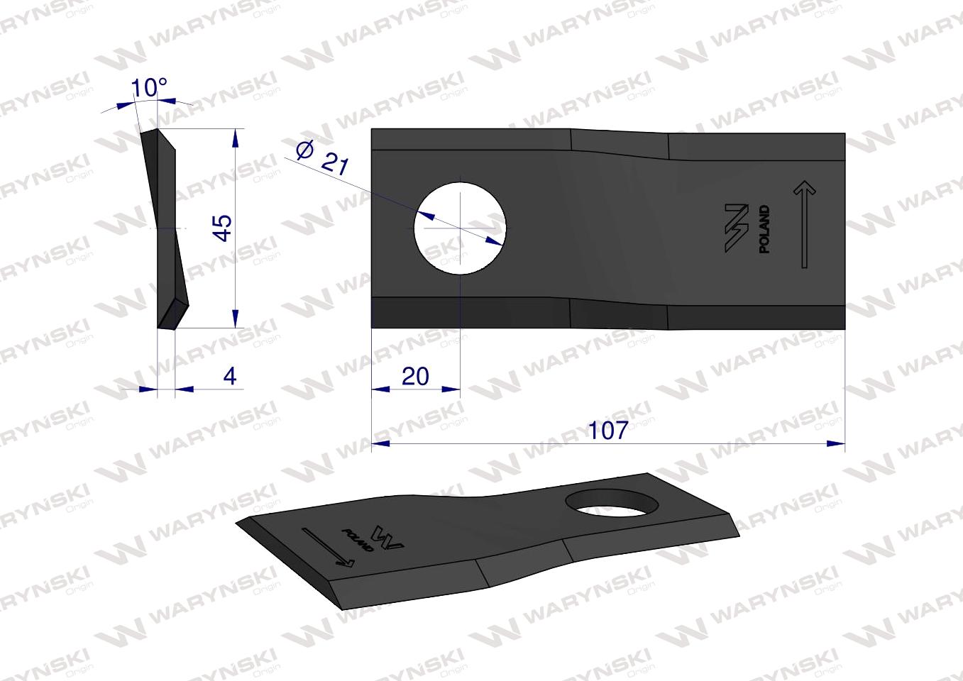 Nóż. nożyk kosiarka lewy 107x46x4mm otwór 21 WARYŃSKI ( sprzedawane po 25 )