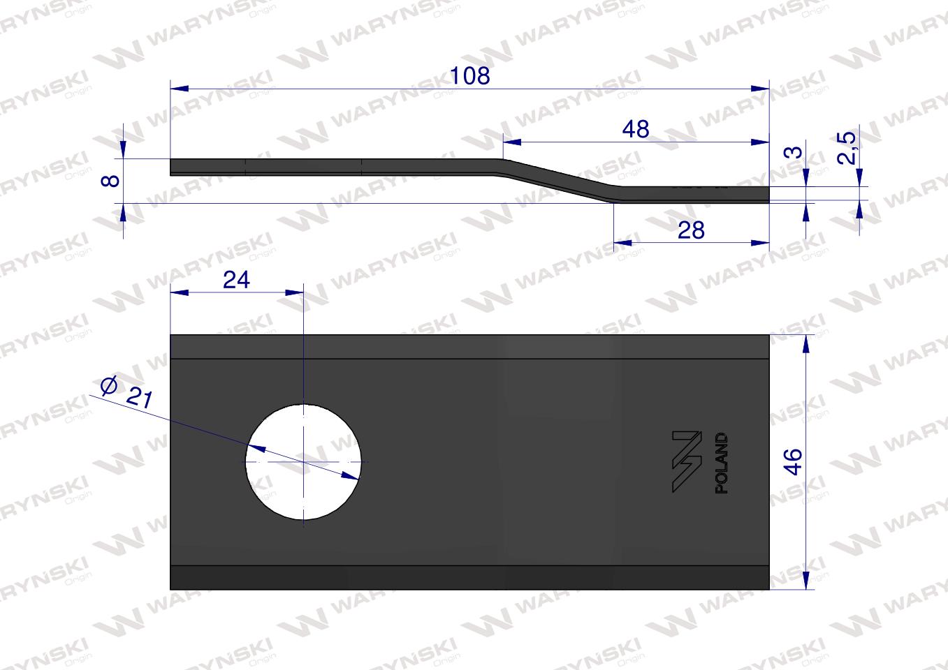 Nóż. nożyk kosiarka gięty 108x46x3mm otwór 21 zastosowanie 108P Galfre WARYŃSKI ( sprzedawane po 25 )