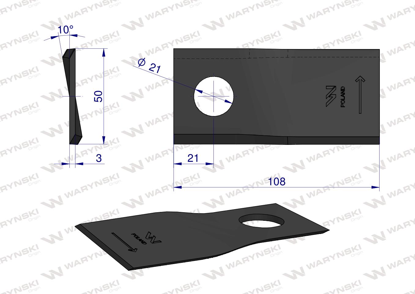 Nóż. nożyk kosiarka lewy 108X50X3mm otwór 21 zastosowanie RF 108/3 Famarol WARYŃSKI ( sprzedawane po 25 )