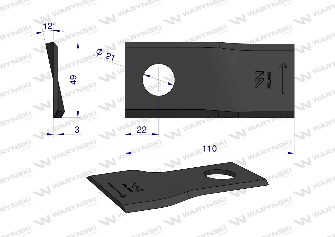 Nóż. nożyk kosiarka lewy 110x48x3mm otwór 21 zastosowanie 1058780 Claas WARYŃSKI ( sprzedawane po 25 )