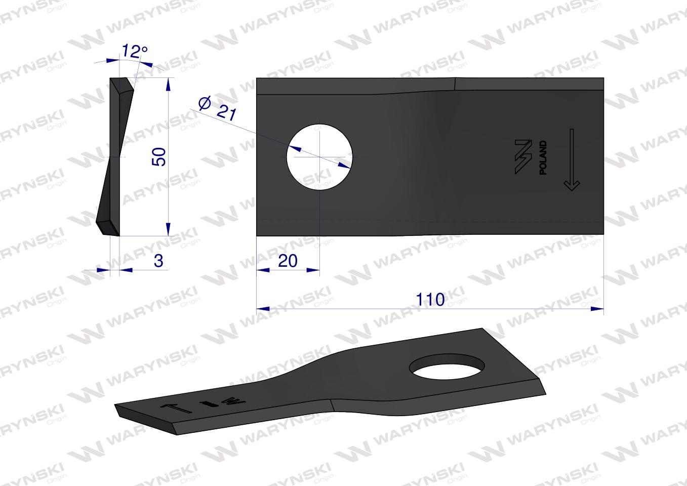 Nóż. nożyk kosiarka prawy 110x50x3mm otwór 21 zastosowanie 4047015 Galfre WARYŃSKI ( sprzedawane po 25 )