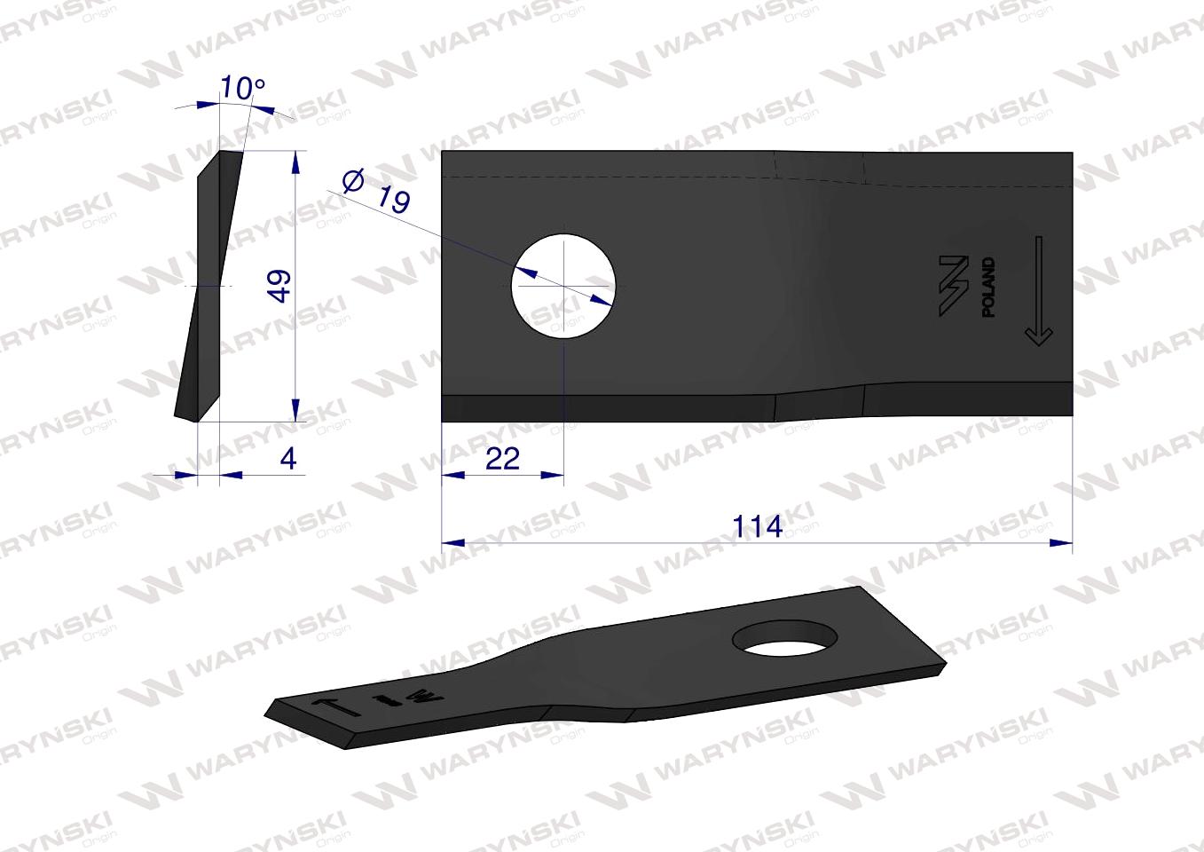 Nóż. nożyk kosiarka prawy 114x48x4mm otwór 19 zastosowanie 13800015 JF-Stoll WARYŃSKI ( sprzedawane po 25 )