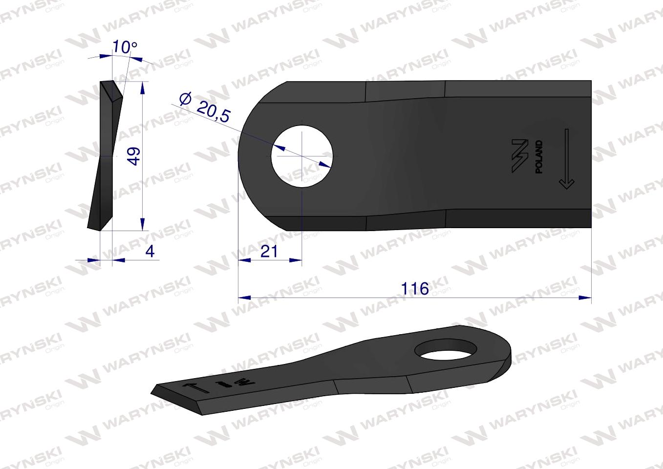 Nóż. nożyk kosiarka prawy 116x48x4mm otwór 20.5 zastosowanie 6804720 Kuhn WARYŃSKI ( sprzedawane po 25 )