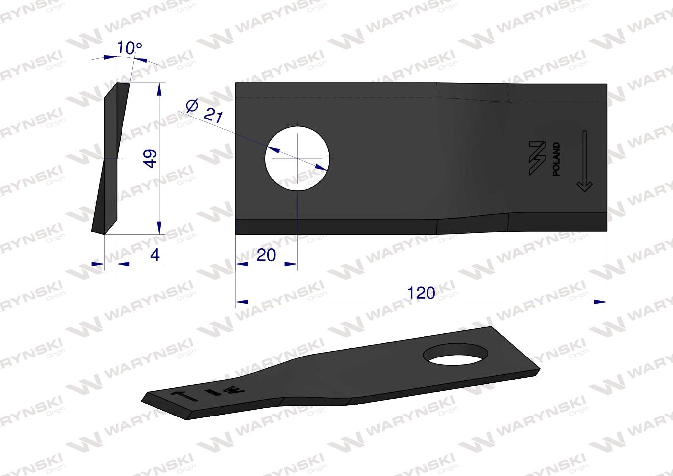Nóż. nożyk kosiarka prawy 120x49x4mm otwór 21 zastosowanie 434976 Pottinger WARYŃSKI ( sprzedawane po 25 )