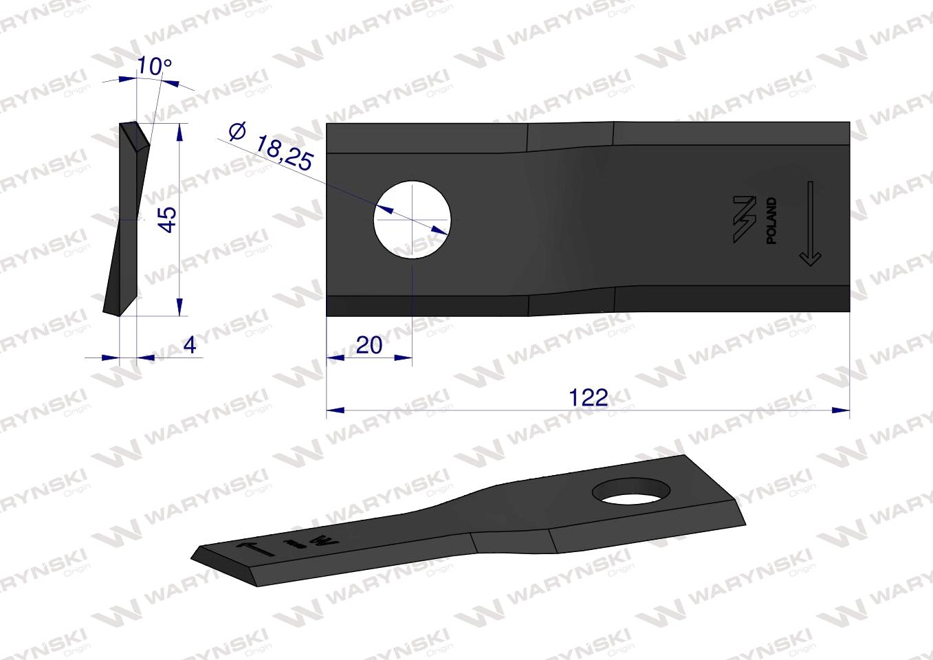 Nóż. nożyk kosiarka prawy 122x46x4mm otwór 18.25 zastosowanie 56451300 Kuhn WARYŃSKI ( sprzedawane po 25 )