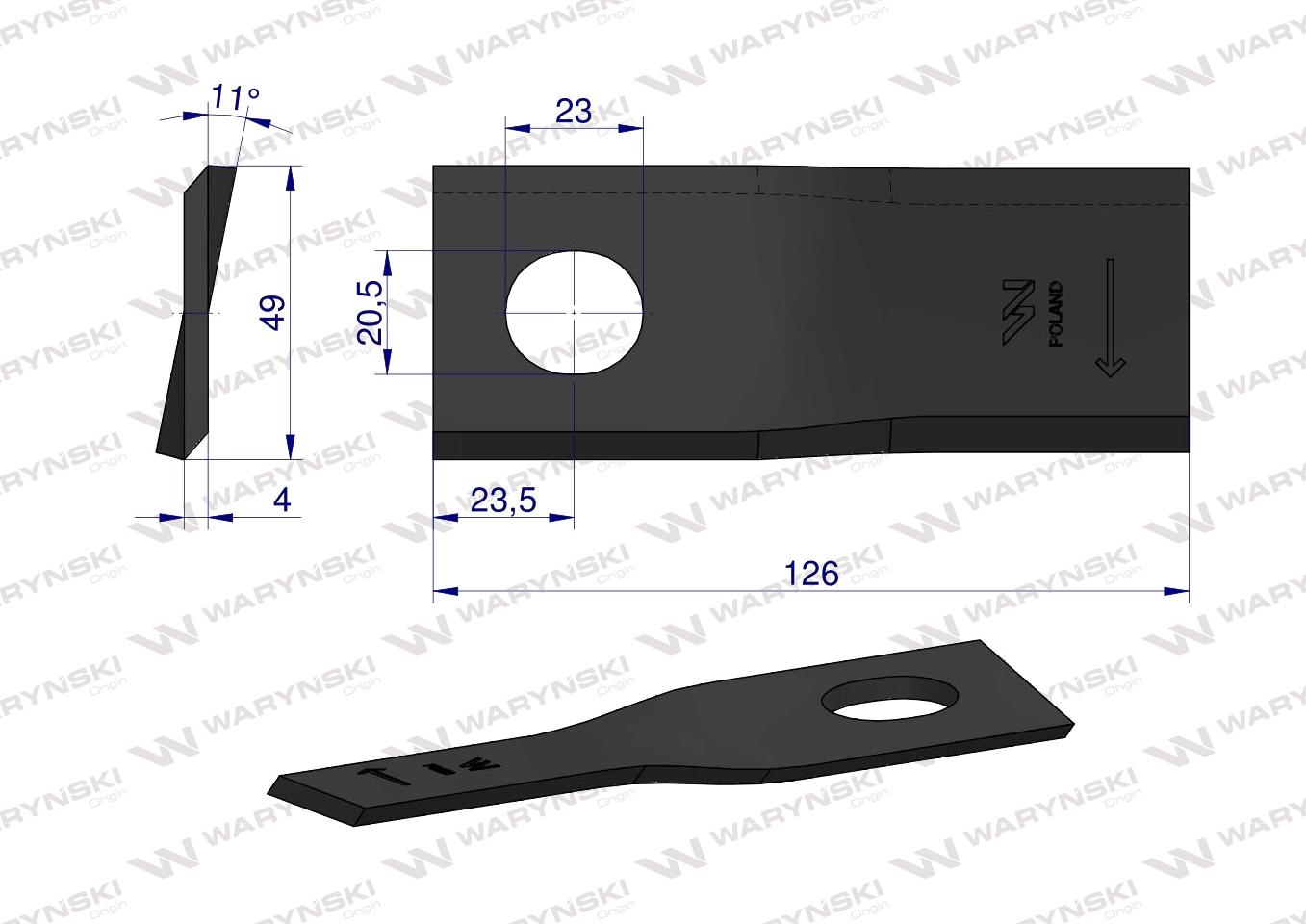 Nóż. nożyk kosiarka prawy 126x48x4mm otwór 20.5x23 zastosowanie 56110400 Kverneland Taarup WARYŃSKI ( sprzedawane po 25 )
