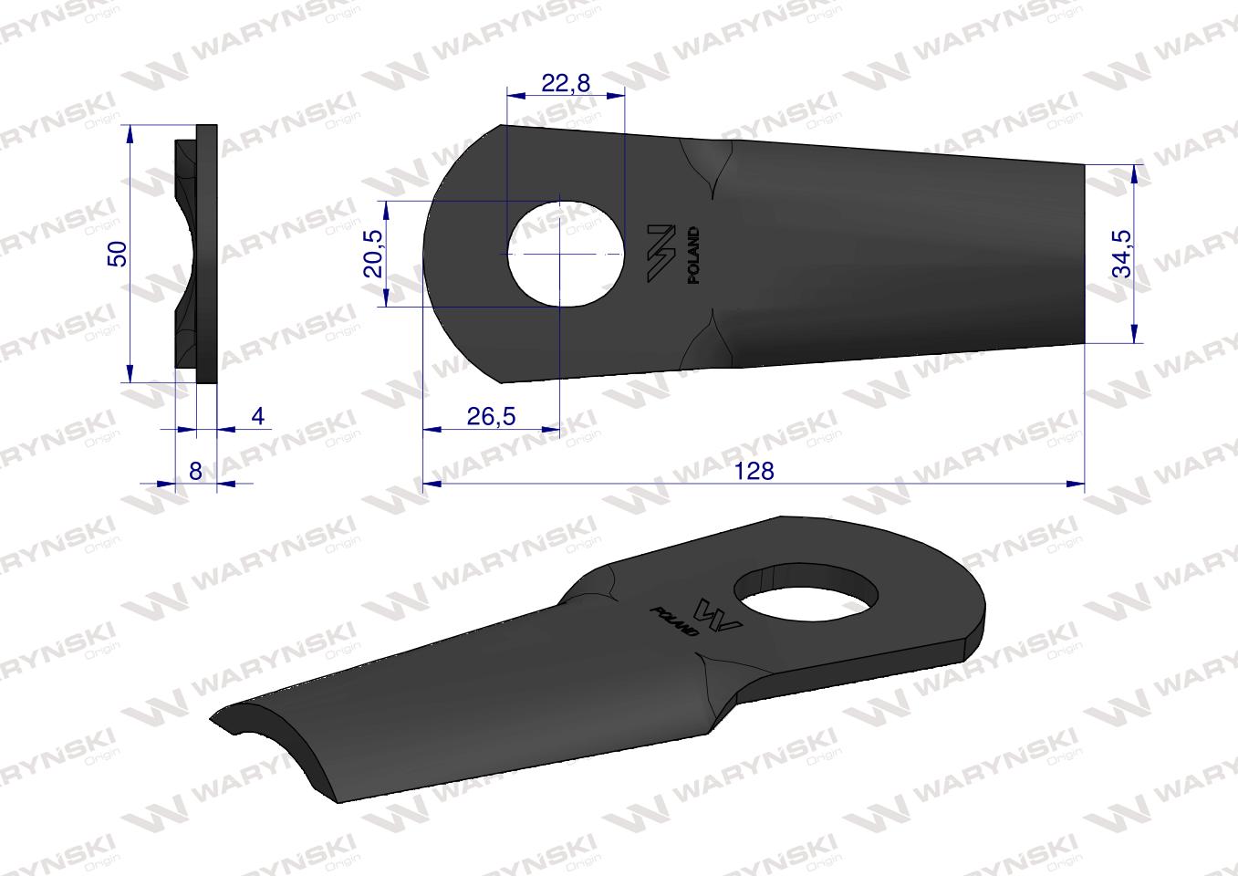Nóż. nożyk kosiarka gięty 128X50X4mm otwór 20.5x22.8 zastosowanie 561103000 Kvereland Taarup WARYŃSKI ( sprzedawane po 25 )