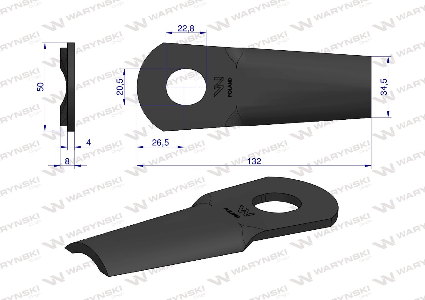 Nóż. nożyk kosiarka gięty 132X50X4mm otwór 20.5x23 zastosowanie 13800013 JF-Stoll WARYŃSKI ( sprzedawane po 25 )