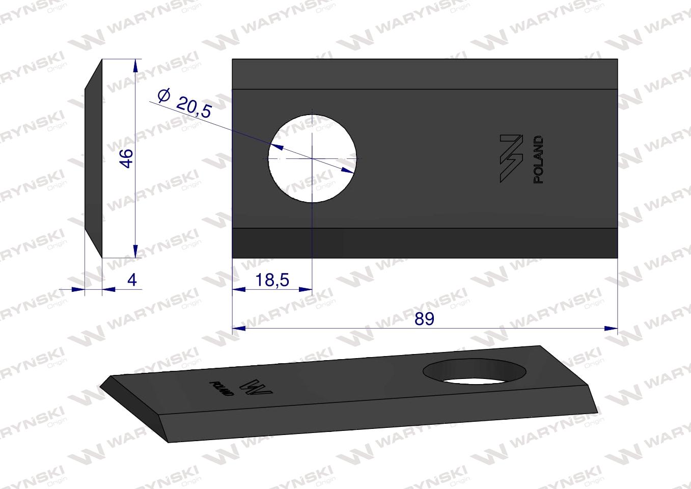 Nóż. nożyk kosiarka 89X46X4mm otwór 20.5 zastosowanie 2220-101A JF-Stoll WARYŃSKI ( sprzedawane po 25 )