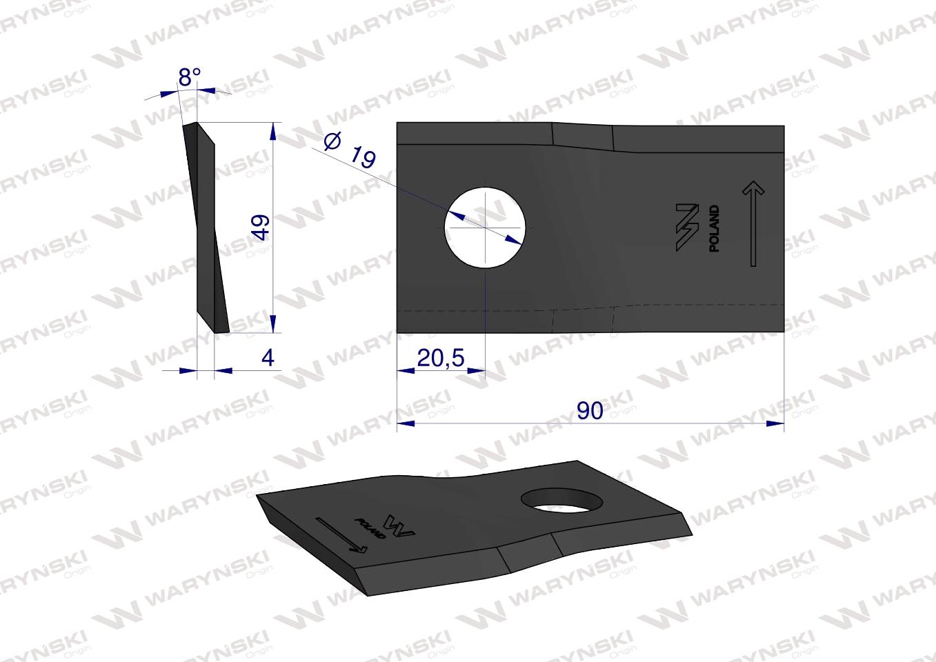 Nóż. nożyk kosiarka lewy 90x48x4mm otwór 19 zastosowanie 1448251 Krone WARYŃSKI ( sprzedawane po 25 )