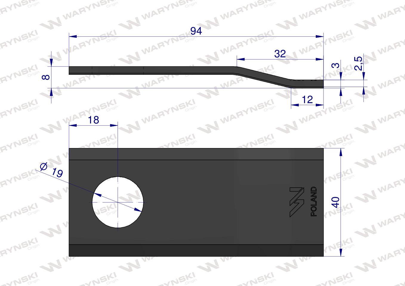 Nóż. nożyk kosiarka gięty 94X40X3mm otwór 19 zastosowanie Deutz Fahr 94/P 1101701015322 WARYŃSKI ( sprzedawane po 25 )