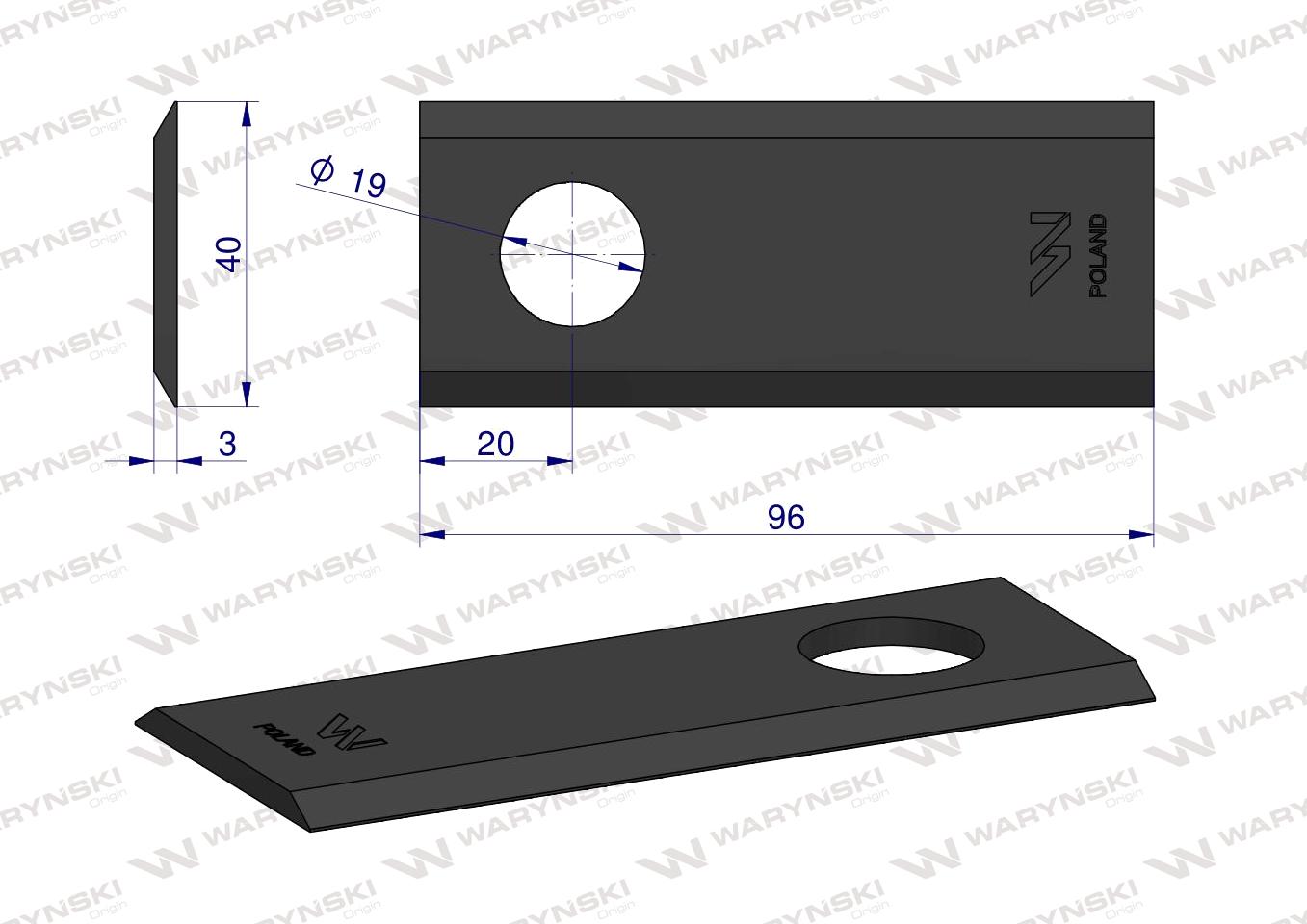 Nóż, nożyk kosiarka rotacyjna (polska) 5036010450 96X40X3X19 prosty WARYŃSKI ( sprzedawane po 25 )