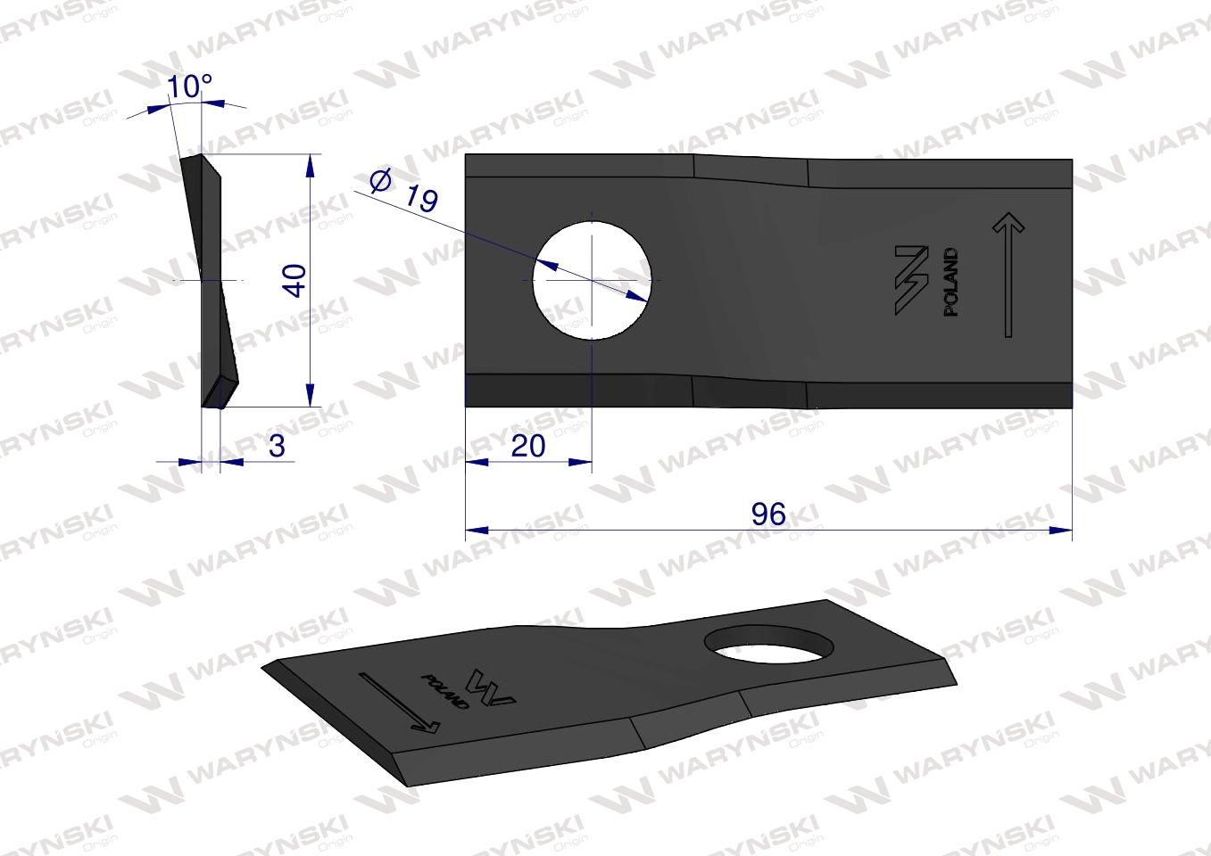 Nóż. nożyk kosiarka lewy 96x40x3mm otwór 19 zastosowanie 16502727 Deutz Fahr Kverneland WARYŃSKI ( sprzedawane po 25 )