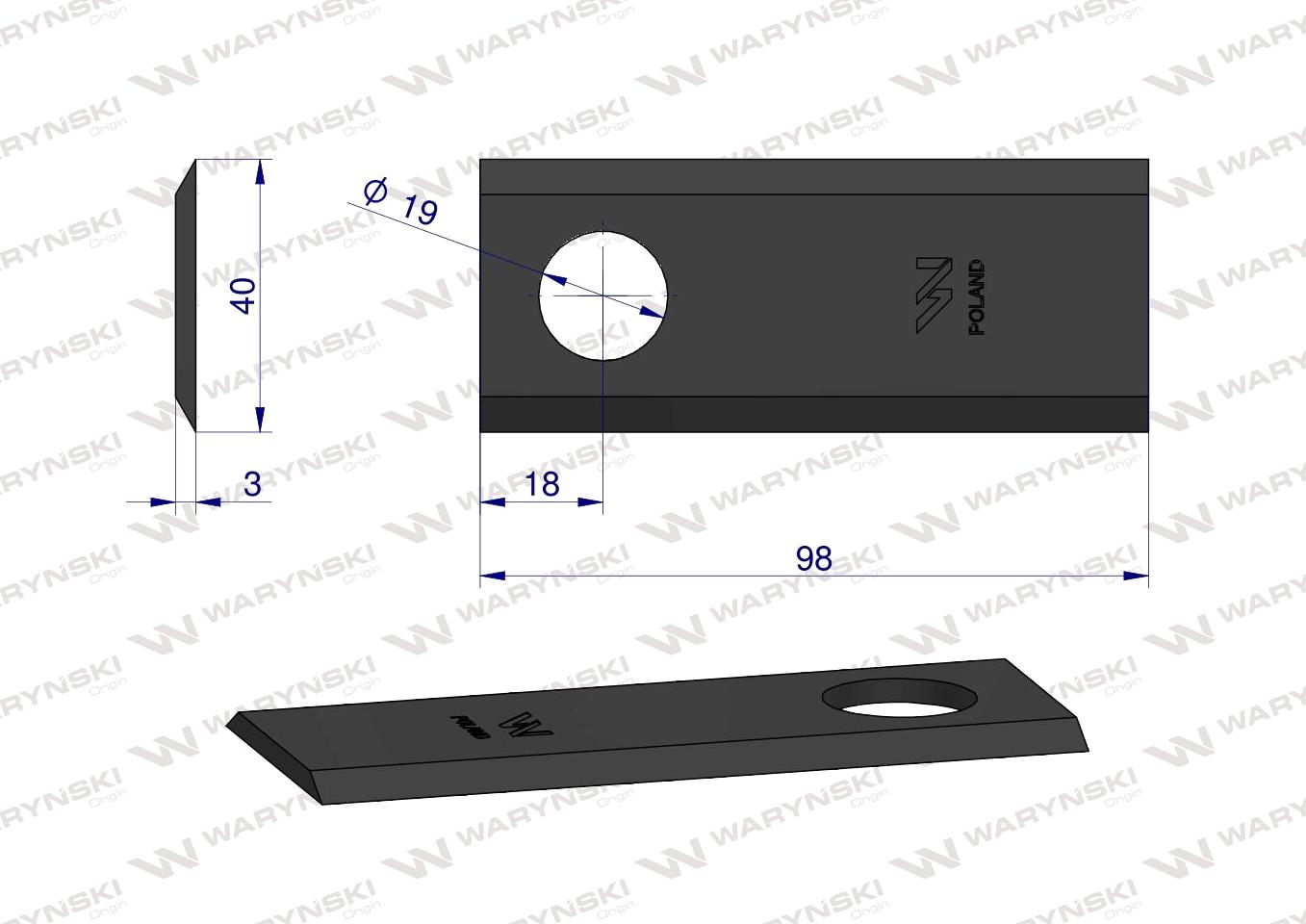 Nóż. nożyk kosiarka 98X40X3mm otwór 19 zastosowanie 98D Galfre WARYŃSKI ( sprzedawane po 25 )
