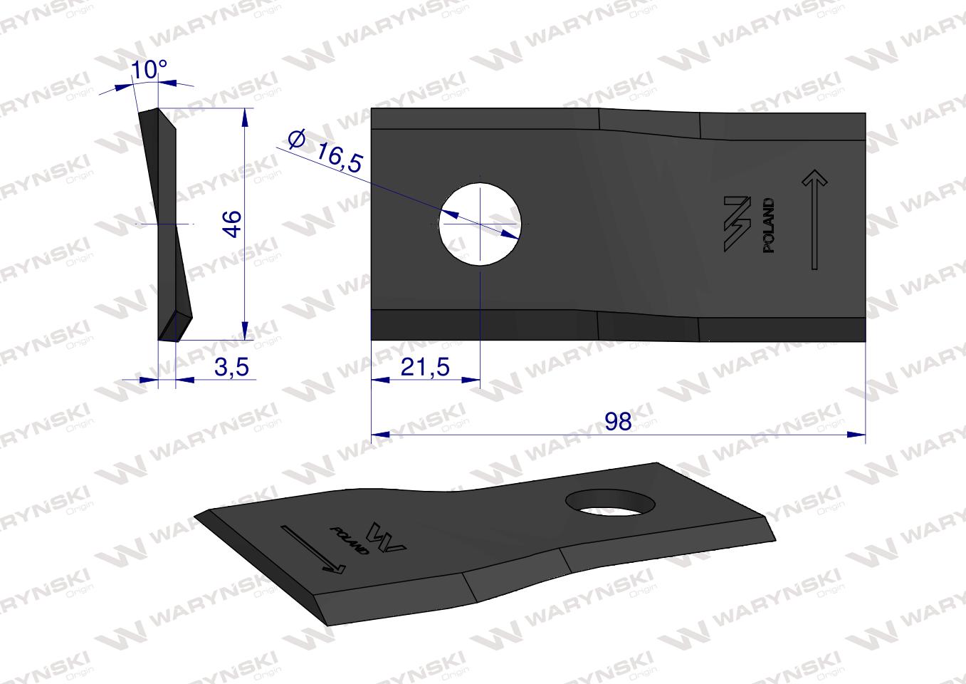 Nóż. nożyk kosiarka lewy 98X46X3.5mm otwór 16.5 zastosowanie 40490006 Morra WARYŃSKI ( sprzedawane po 25 )
