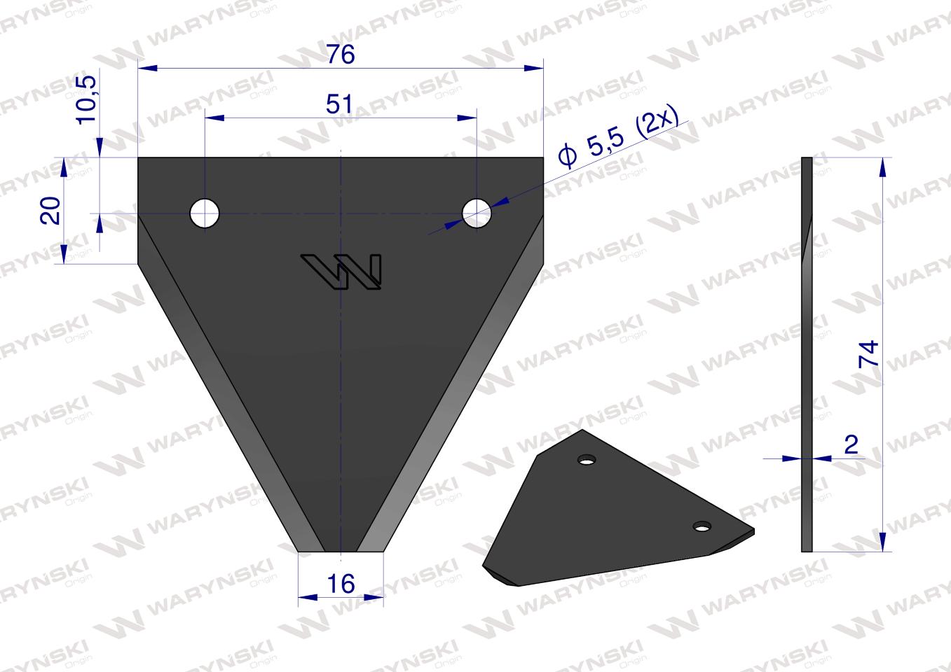Nóż żniwny 74x76x2mm otwór 5.5 zastosowanie G75 Forschnit Snopowiazałka Warta WC-5 WARYŃSKI ( sprzedawane po 25 )