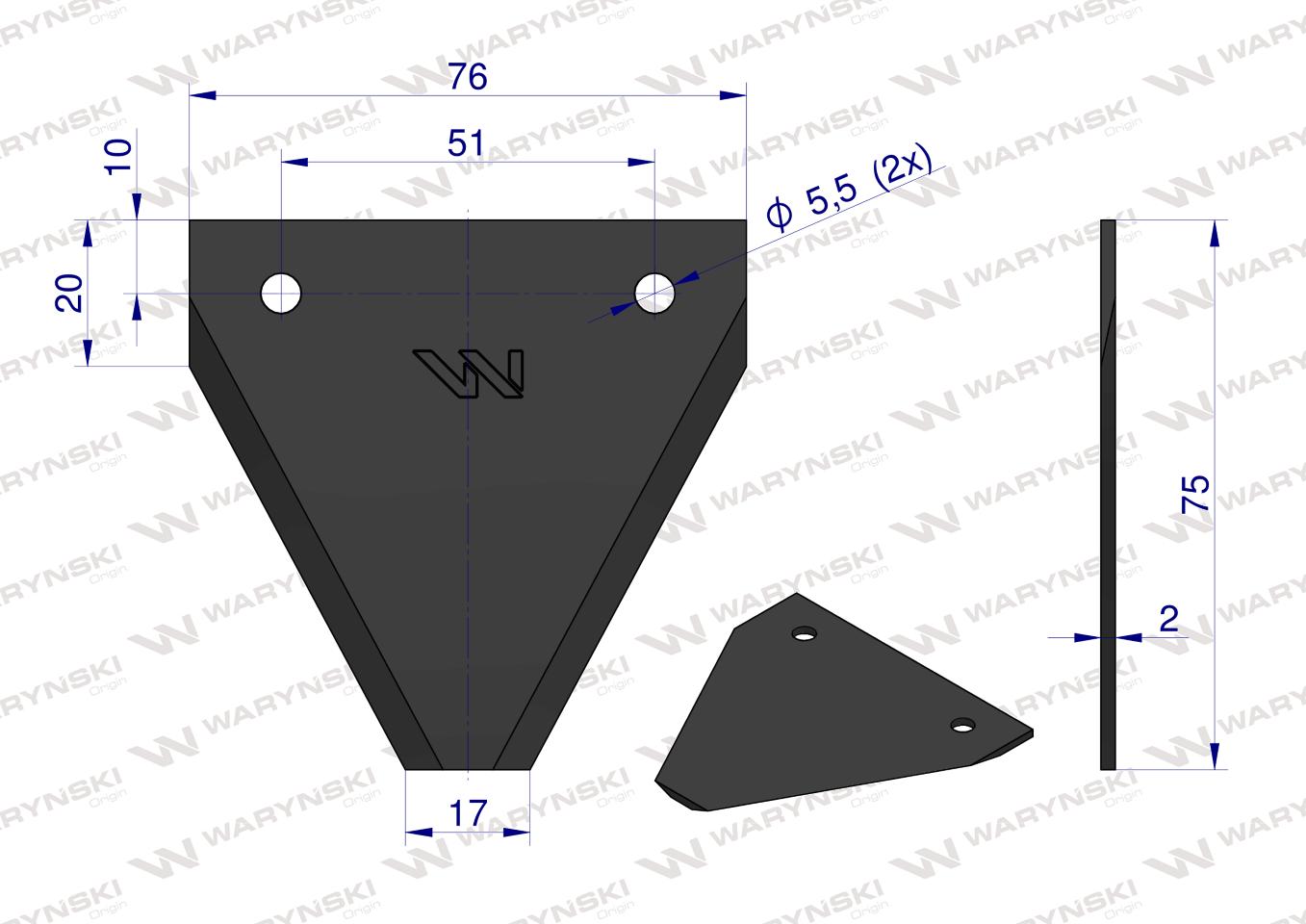 Nóż żniwny 75x76x2mm otwór 5.5 zastosowanie A10/2 FORTSCHRITT WARYŃSKI ( sprzedawane po 25 )