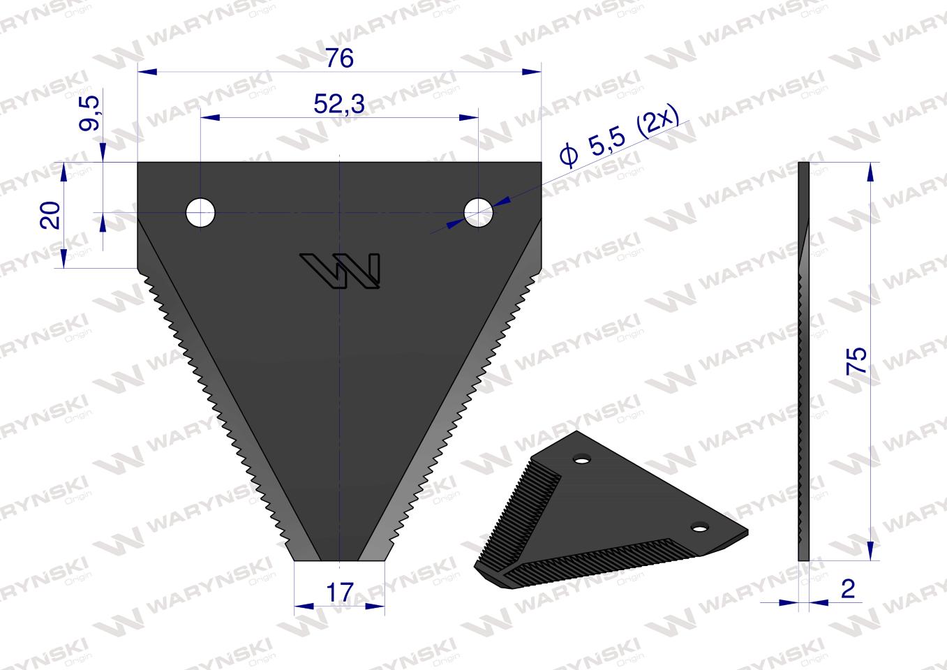 Nóż żniwny 75x76x2mm otwór 5.5 zastosowanie MF1389SP Case MF WARYŃSKI ( sprzedawane po 25 )
