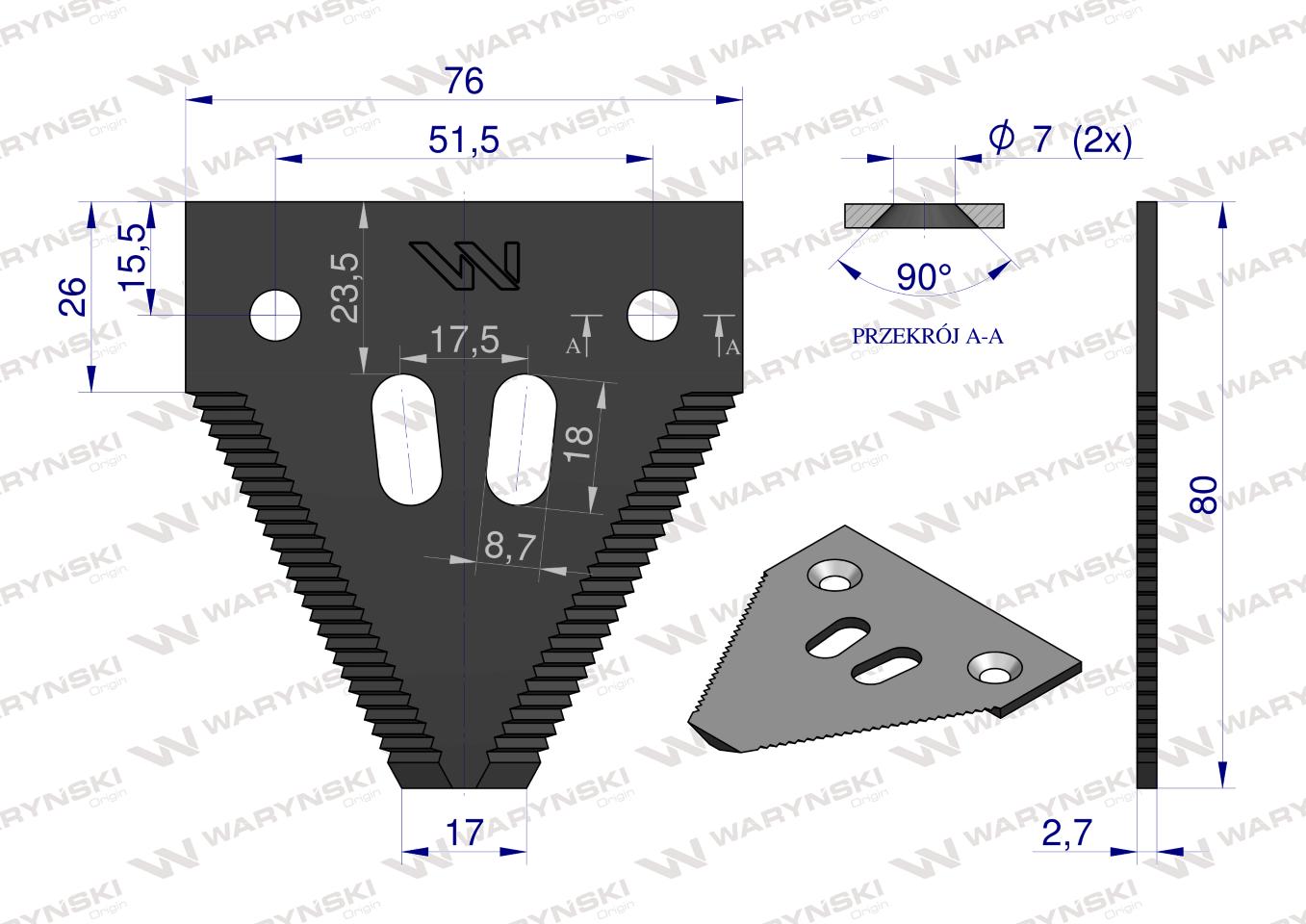 Nóż żniwny 80x76x2.7mm otwór 7 zastosowanie 3BF0010AB1 Olimag WARYŃSKI ( sprzedawane po 25 )