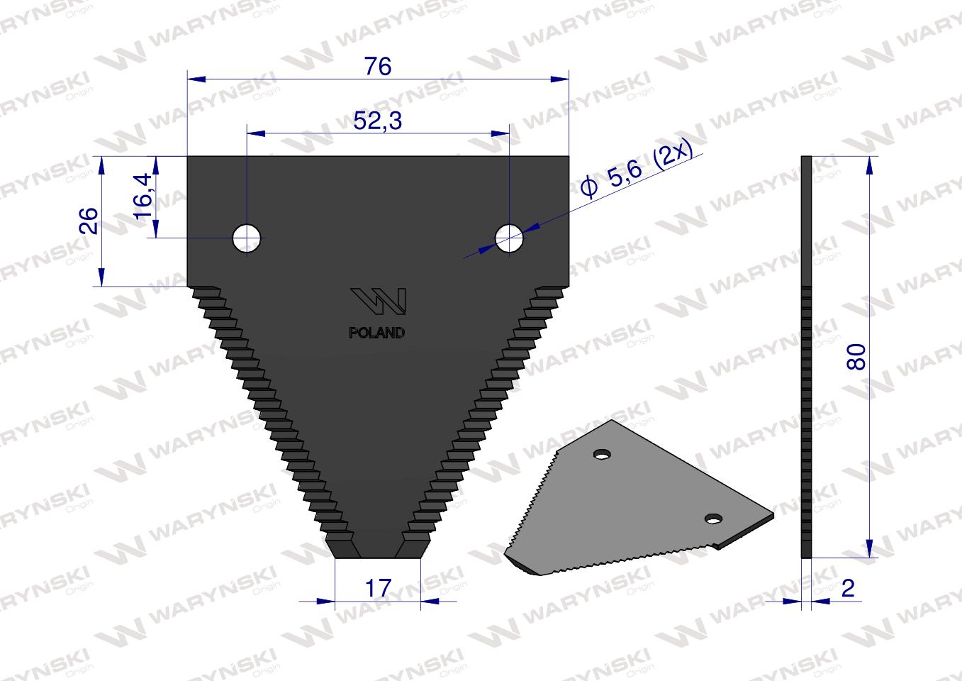 Nóż żniwny 80x76x2mm otwór 5.5 zastosowanie 417800220 1650333 Deutz-Fahr WARYŃSKI ( sprzedawane po 25 )