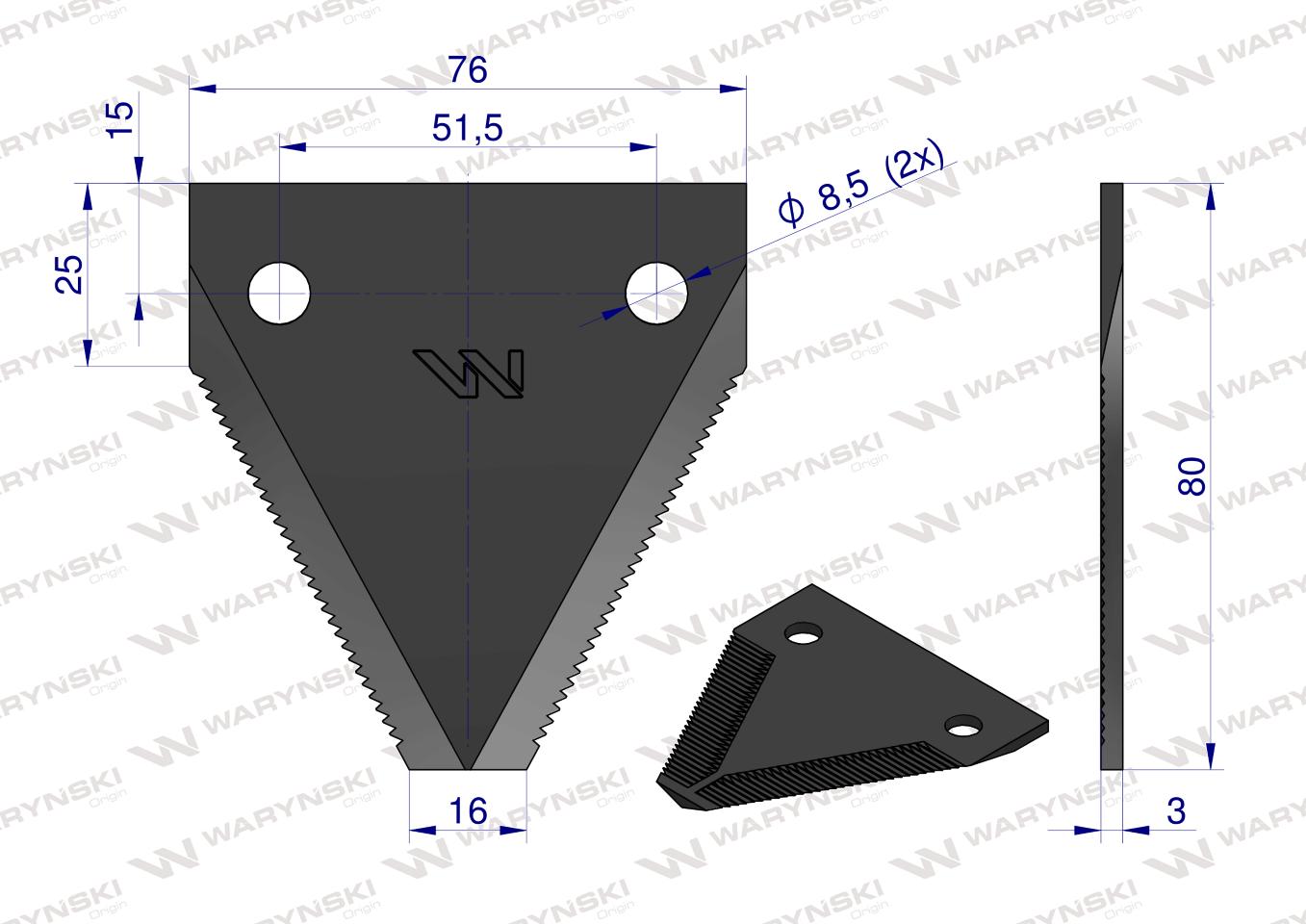Nóż żniwny 80x76x3mm otwór 8.5 zastosowanie DIN11300. 316805. Schumacher WARYŃSKI ( sprzedawane po 25 )