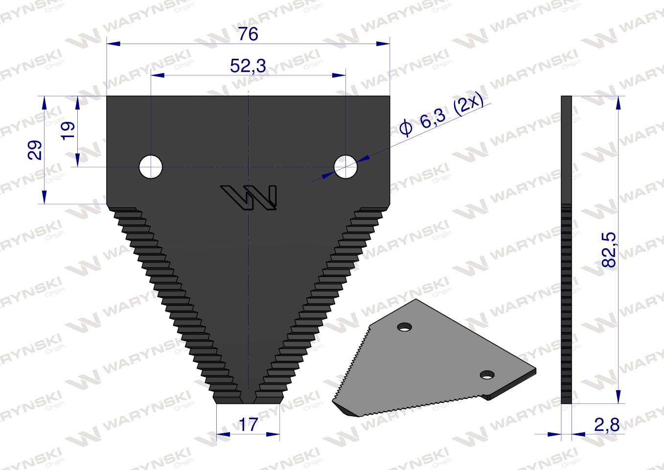 Nóż żniwny 82x76x2.8mm otwór 6.3 zastosowanie 321219850 Laverda WARYŃSKI ( sprzedawane po 25 )