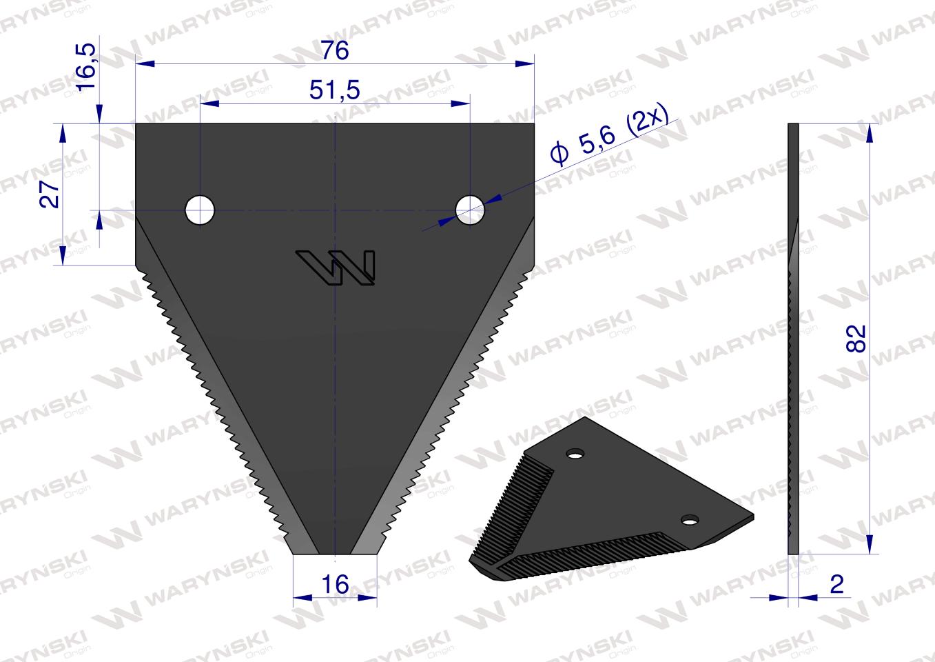 Nóż żniwny 82x76x2mm otwór 5.6 zastosowanie N336G Mörtl WARYŃSKI ( sprzedawane po 25 )