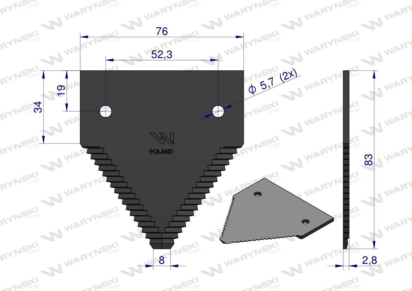 Nóż żniwny 83x76x2.7mm otwór 5.5 zastosowanie 80309197 New Holland WARYŃSKI ( sprzedawane po 25 )