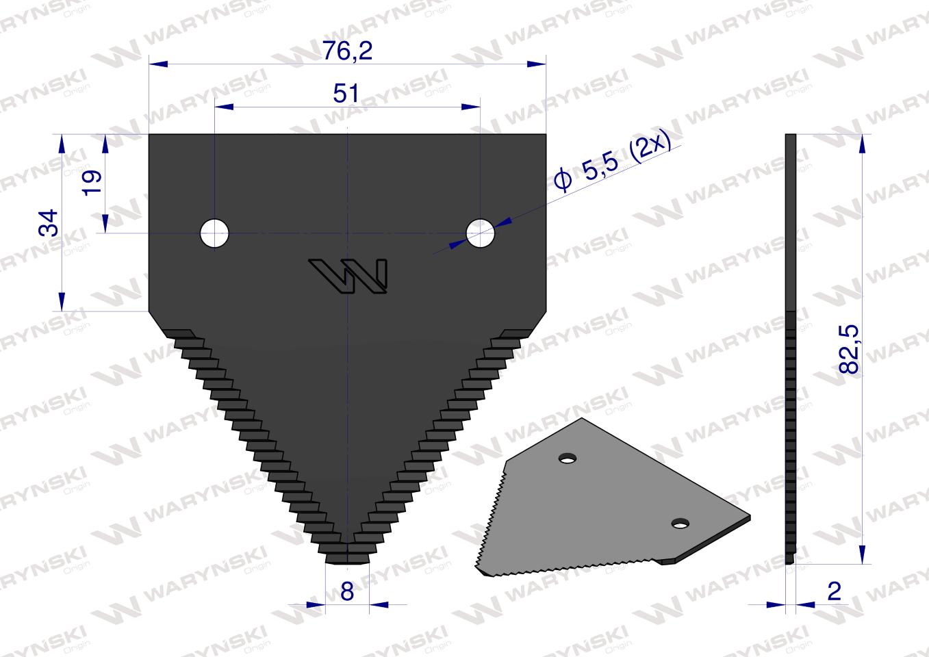 Nóż żniwny 83x76x2mm otwór 5.5 zastosowanie 261431M1 MF WARYŃSKI ( sprzedawane po 25 )