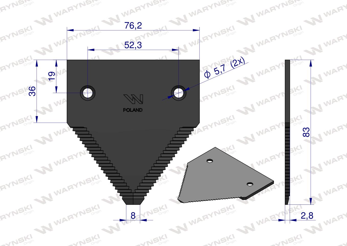 Nóż żniwny 83x76x3mm otwór 5.7 zastosowanie H213799 Schumacher WARYŃSKI ( sprzedawane po 25 )